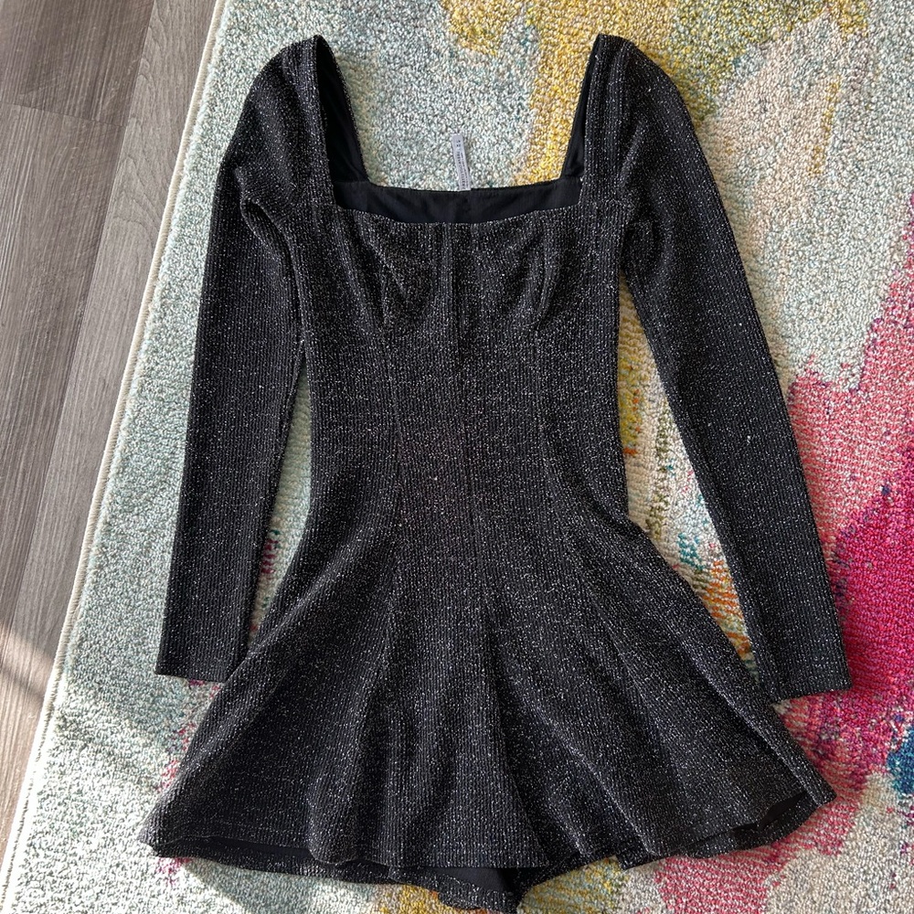Black & Silver Tinsel Long Sleeve Romper Dress